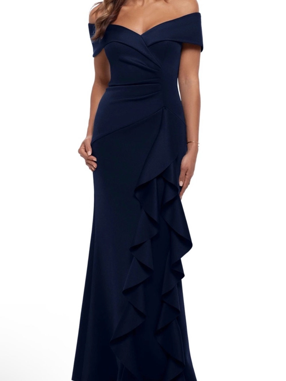 $288 Xscape Navy Blue Off-Shoulder Ruffle Cascade Gown Size 14 Nordstrom